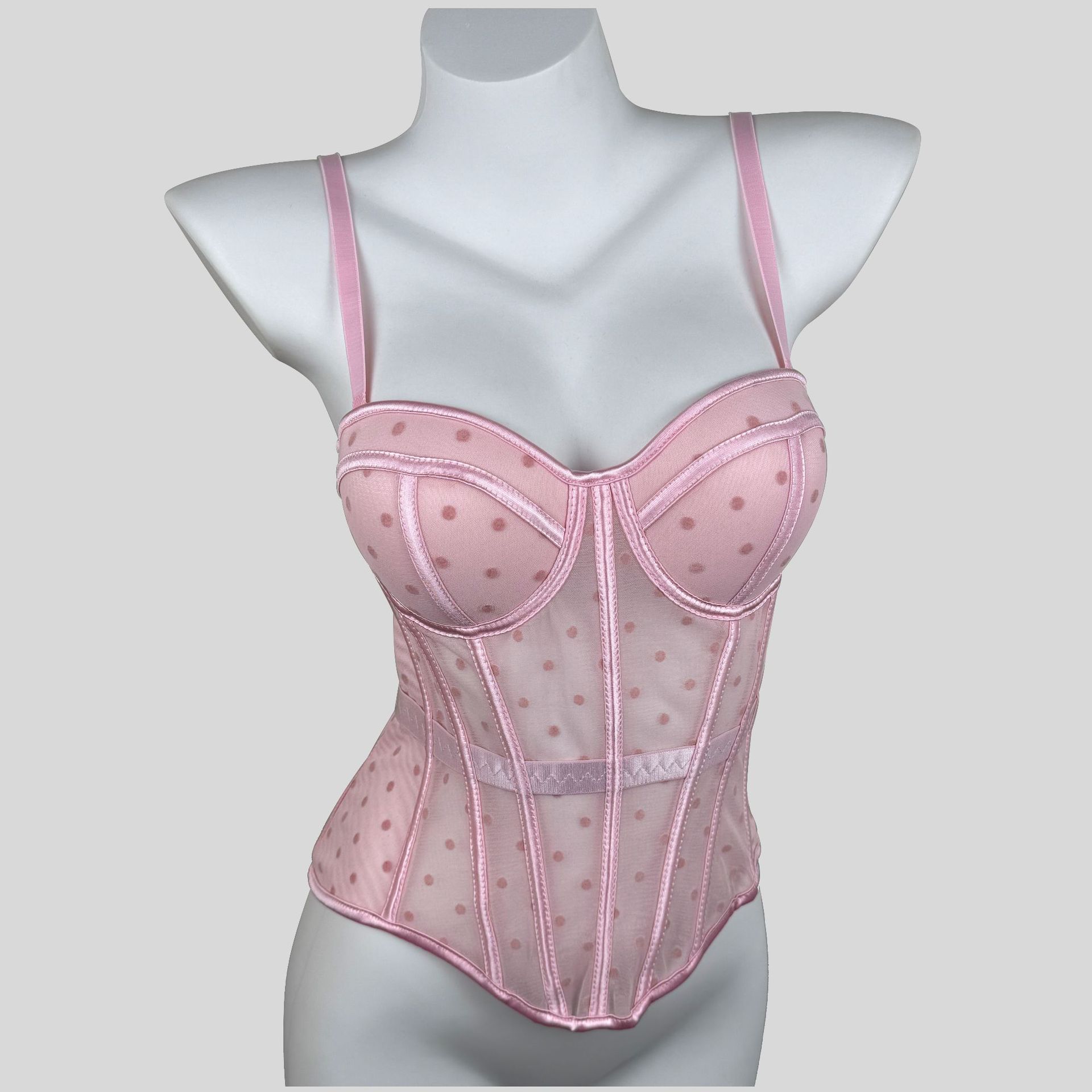 Womens Mesh Polka Dot Corset Bustier Top - Tummy Control Waist Cincher